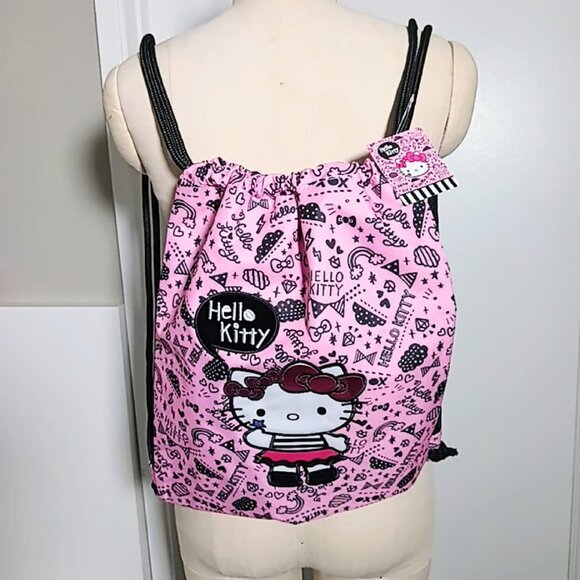 Hello Kitty Pink Black Icons Drawstring Bag Backpack Heavy Canvas - Picture 2 of 6